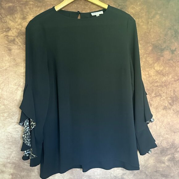 Size Medium Neiman Marcus Black Flowy Blouse with Leopard Bell Sleeves - Picture 1 of 4